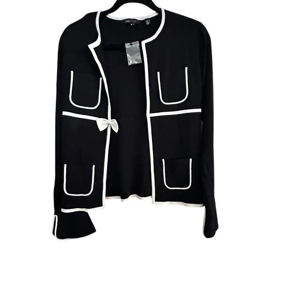 BCBGMaxazria Womens Black White Long Sleeve Bow Trimmed Cardigan Sweater Size M - Picture 5 of 7